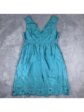 Adrianna Papell Cocktail Dress Womens 12 Green Floral Embroidered Scalloped